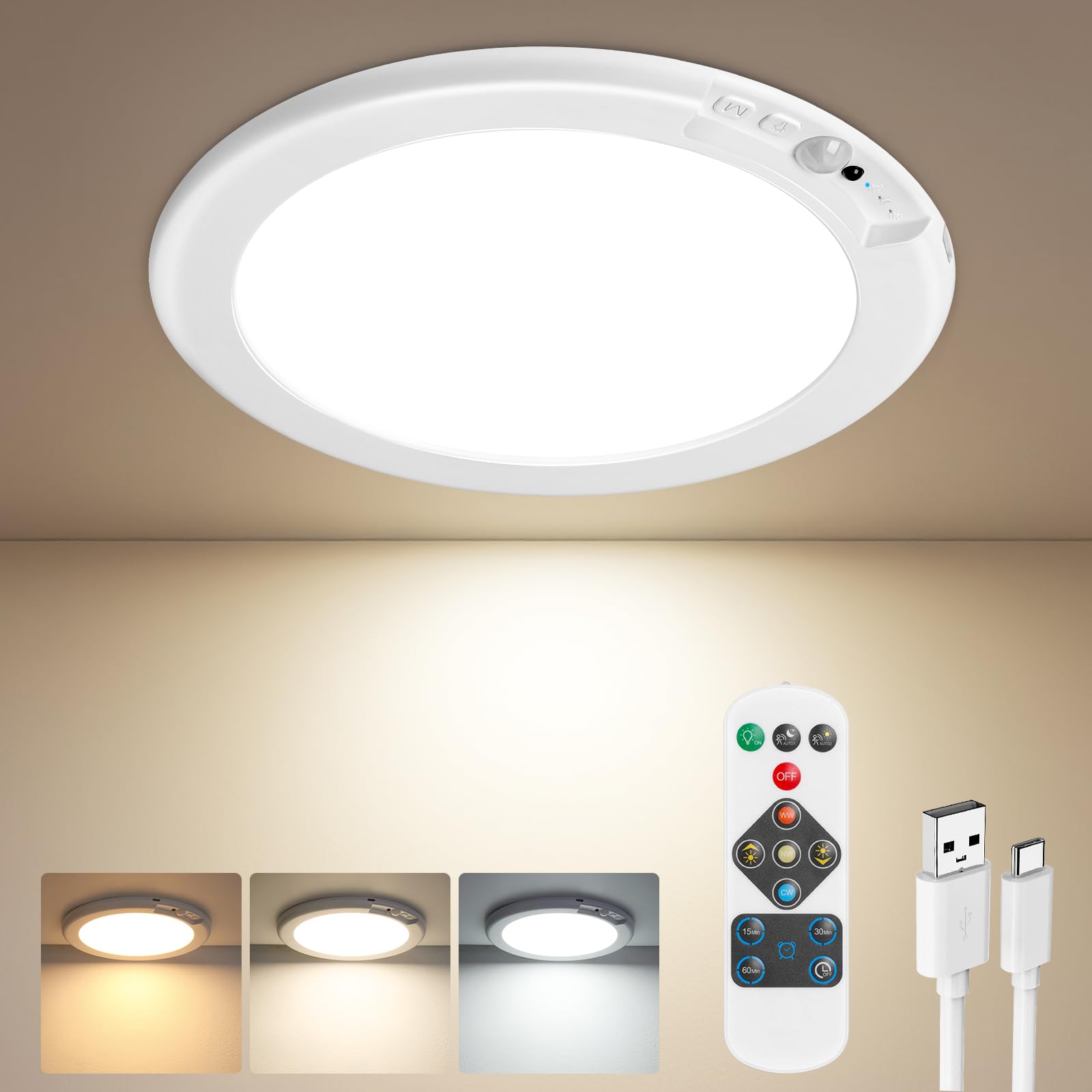 Demkia Akku Deckenleuchte mit Bewegungsmelder – USB-aufladbar, 3 Farbtemperaturen, Fernbedienung