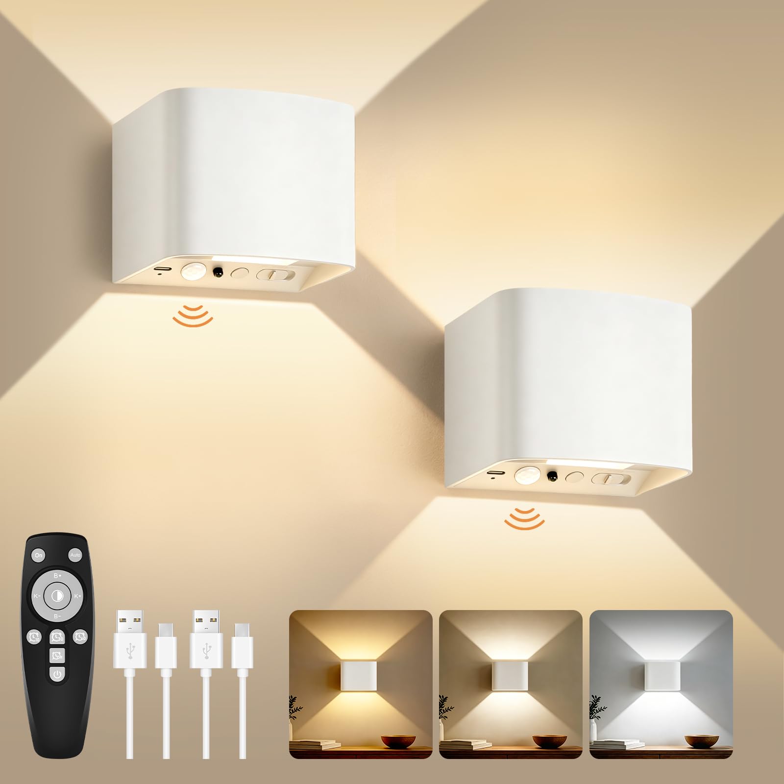 GeyouLux 6000mAh LED Wandleuchte mit Bewegungsmelder & Fernbedienung – 2er Set