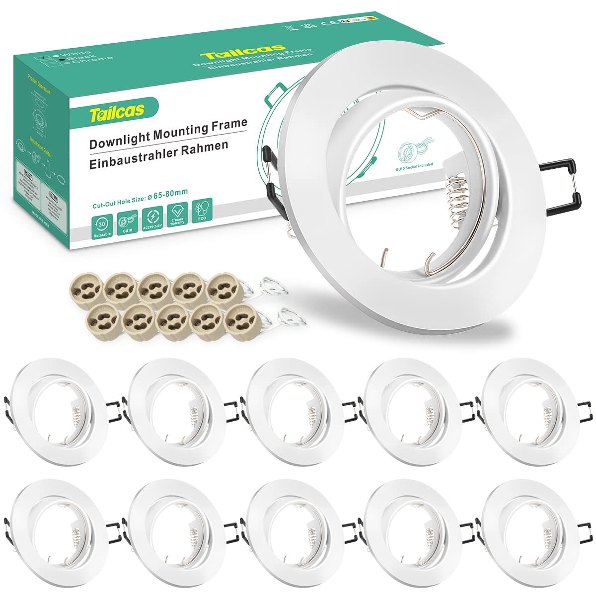 Tailcas 10er Einbaustrahler GU10 Set – 30° schwenkbar, matt weiss für LED & Halogen