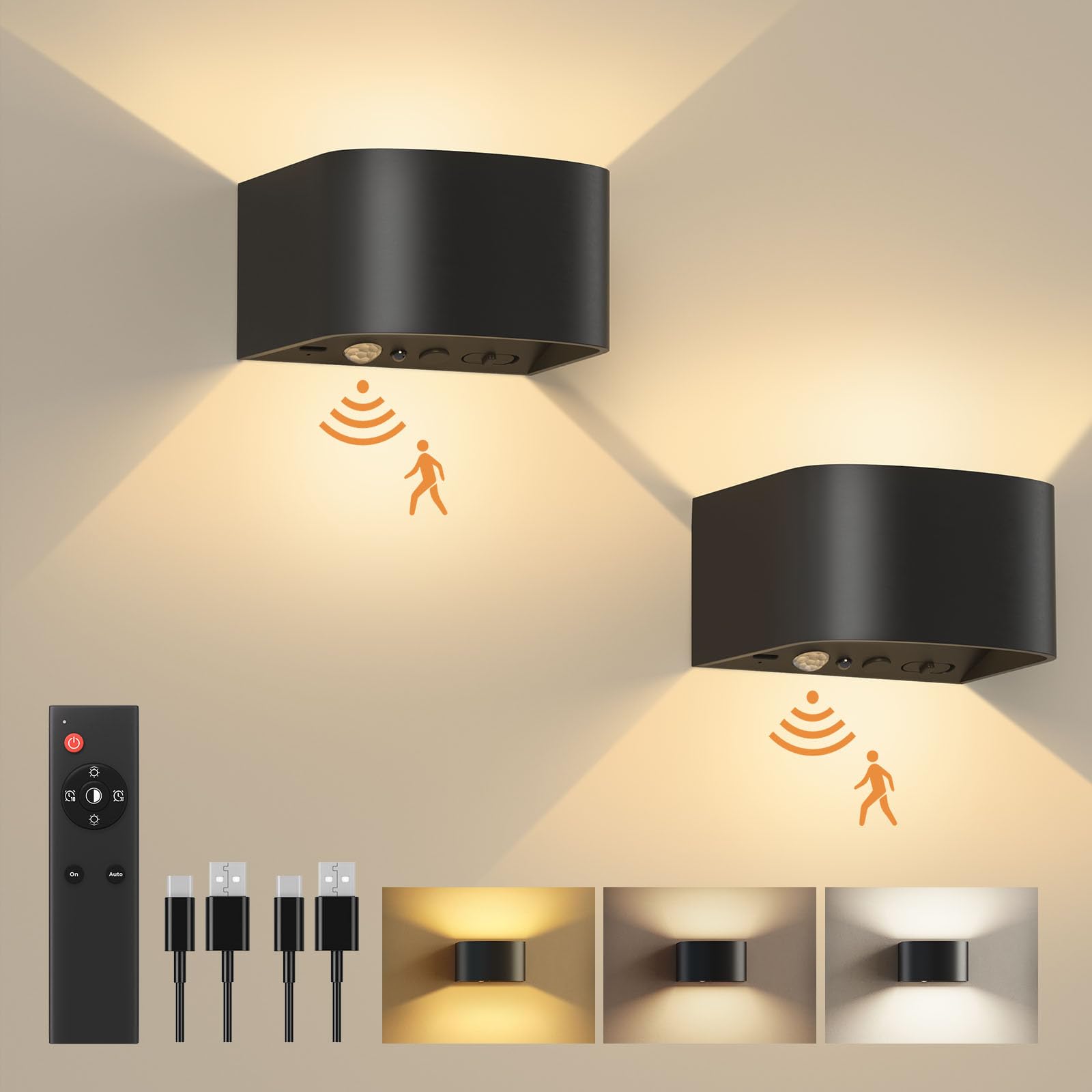 FULEN Akku-Wandleuchte mit Bewegungssensor & Fernbedienung – 600lm LED, 3 Farben, 2er Set