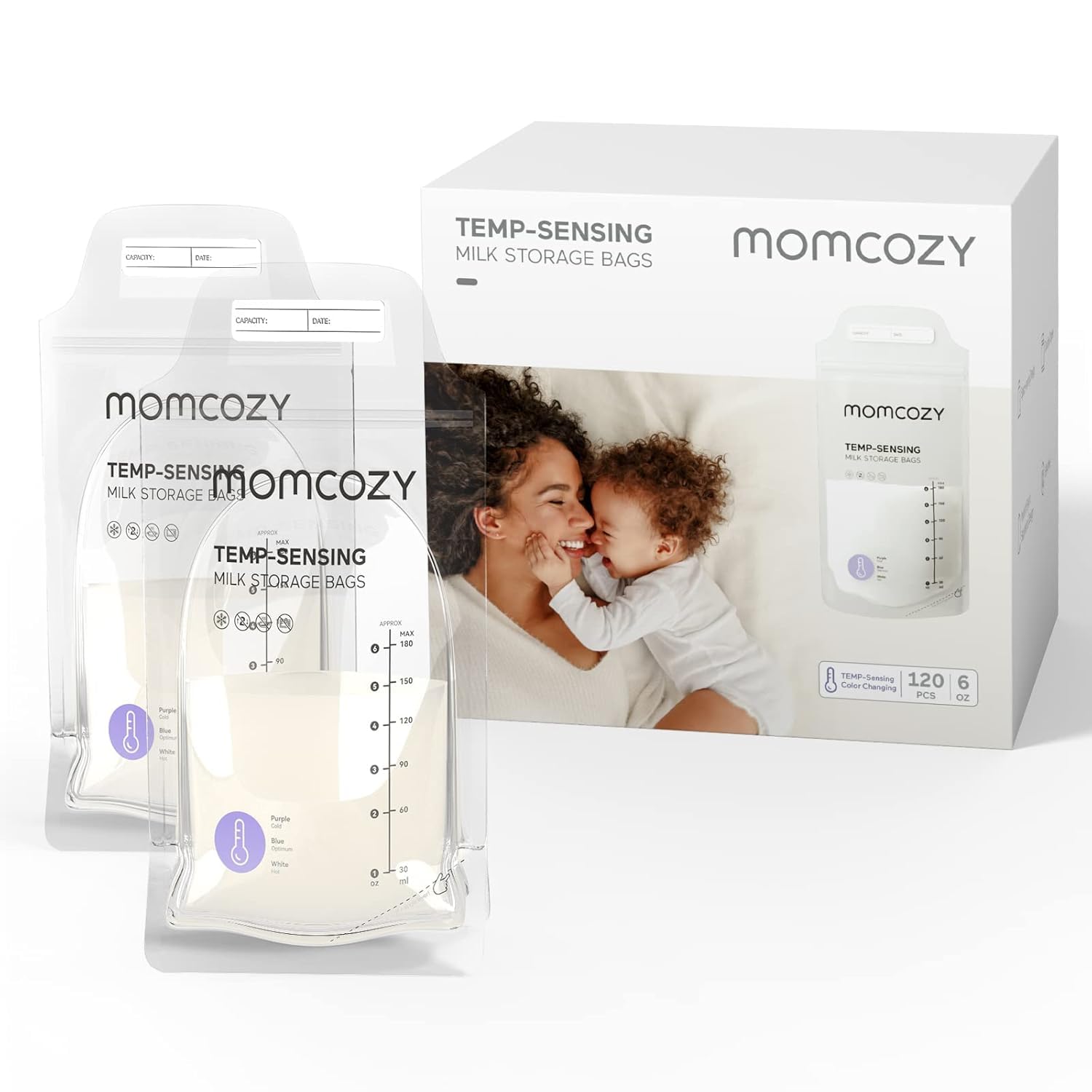 Momcozy Muttermilch-Aufbewahrungsbeutel 180 ml, 120er Pack – Temperatur-Farbwechsel & Doppelverschluss