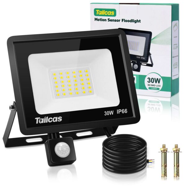 Tailcas LED Flutlicht 30W mit Bewegungsmelder – IP66 Außenstrahler für Garten & Garage