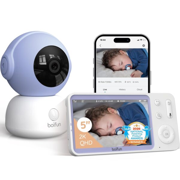BOIFUN Babyphone 2026 mit Kamera – 5" 2K Display, WLAN-App & 360° Auto-Tracking