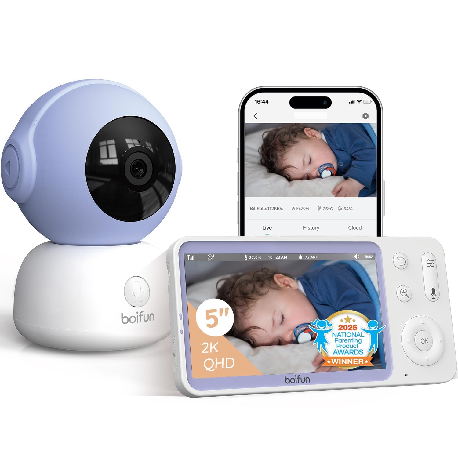 BOIFUN Babyphone 2026 mit Kamera – 5" 2K Display, WLAN-App & 360° Auto-Tracking