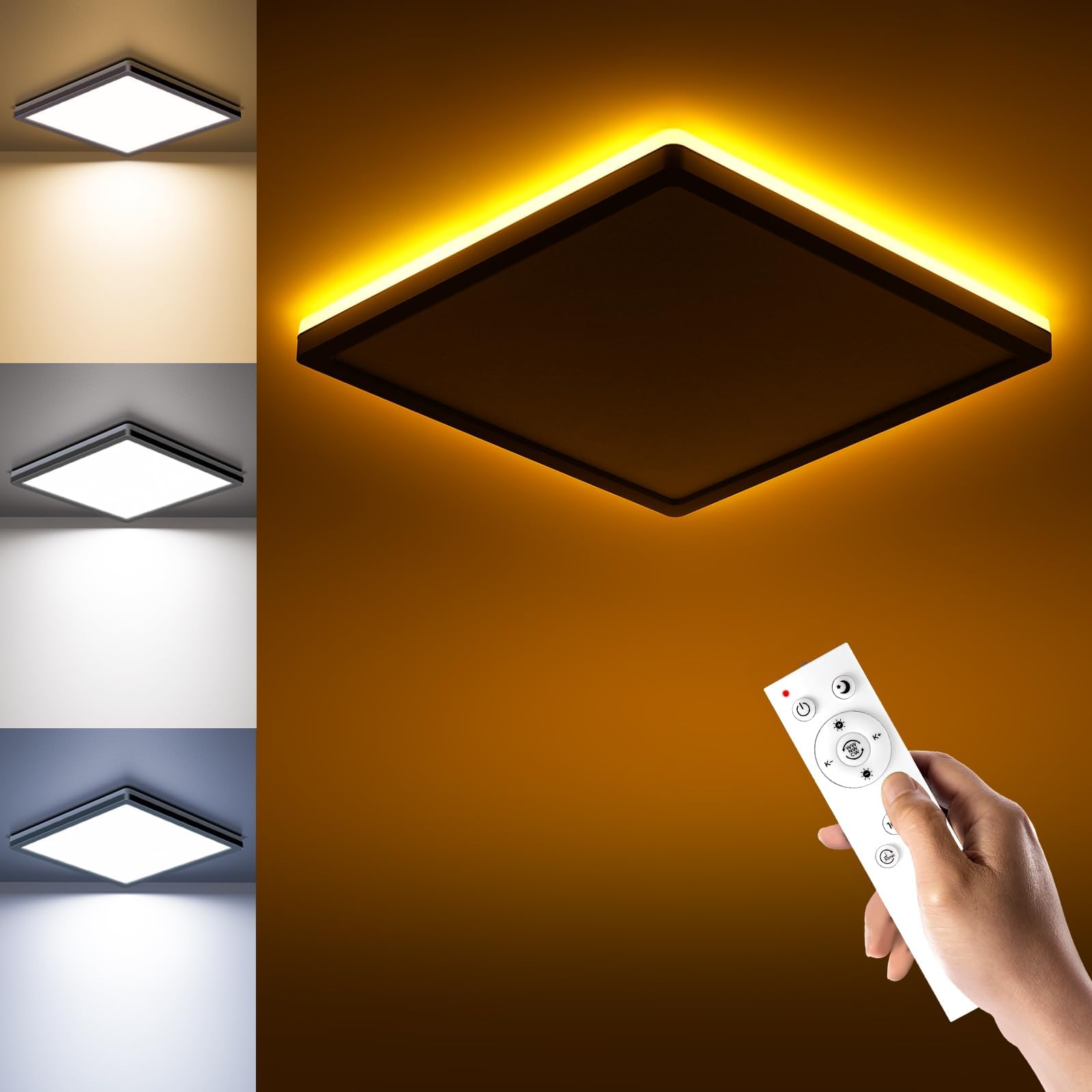 BLNAN LED Deckenleuchte 30cm Eckig – 24W Dimmbar mit Fernbedienung & Nachtlicht