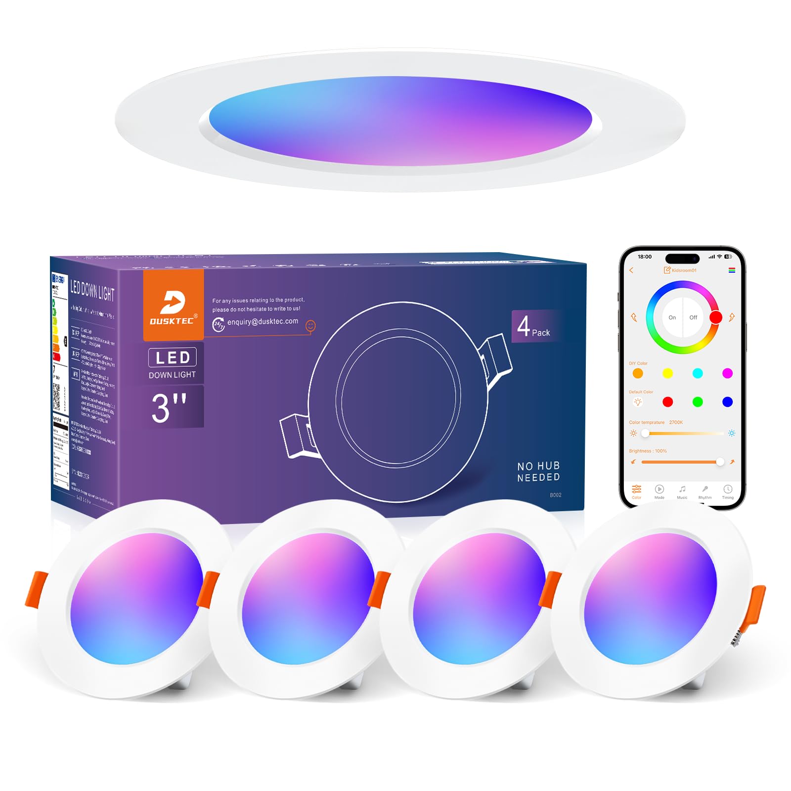 DUSKTEC LED Einbaustrahler RGB 4er Set – Smart Deckenspots mit Alexa & App-Steuerung