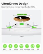 ALUSSO LED Einbaustrahler 7W 230V dimmbar – 3 Farbtemperaturen, IP44, 6er Set – Bild 2