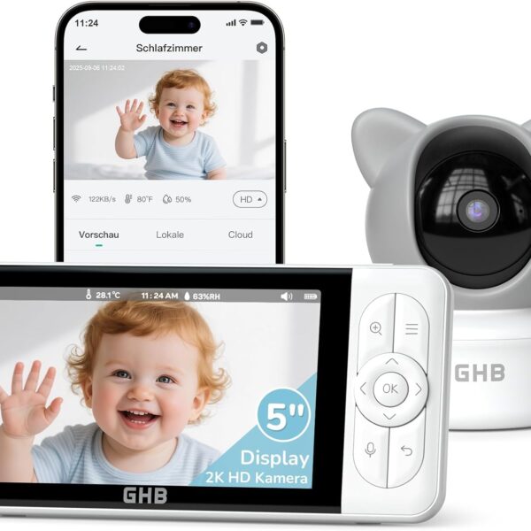 GHB Babyphone mit 2K Kamera, 5-Zoll Display & App – Bewegungsverfolgung, Weinerkennung, 350° PTZ