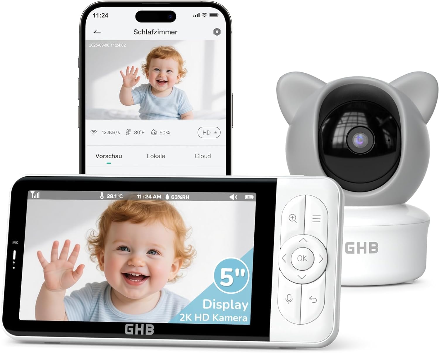 GHB Babyphone mit 2K Kamera, 5-Zoll Display & App – Bewegungsverfolgung, Weinerkennung, 350° PTZ