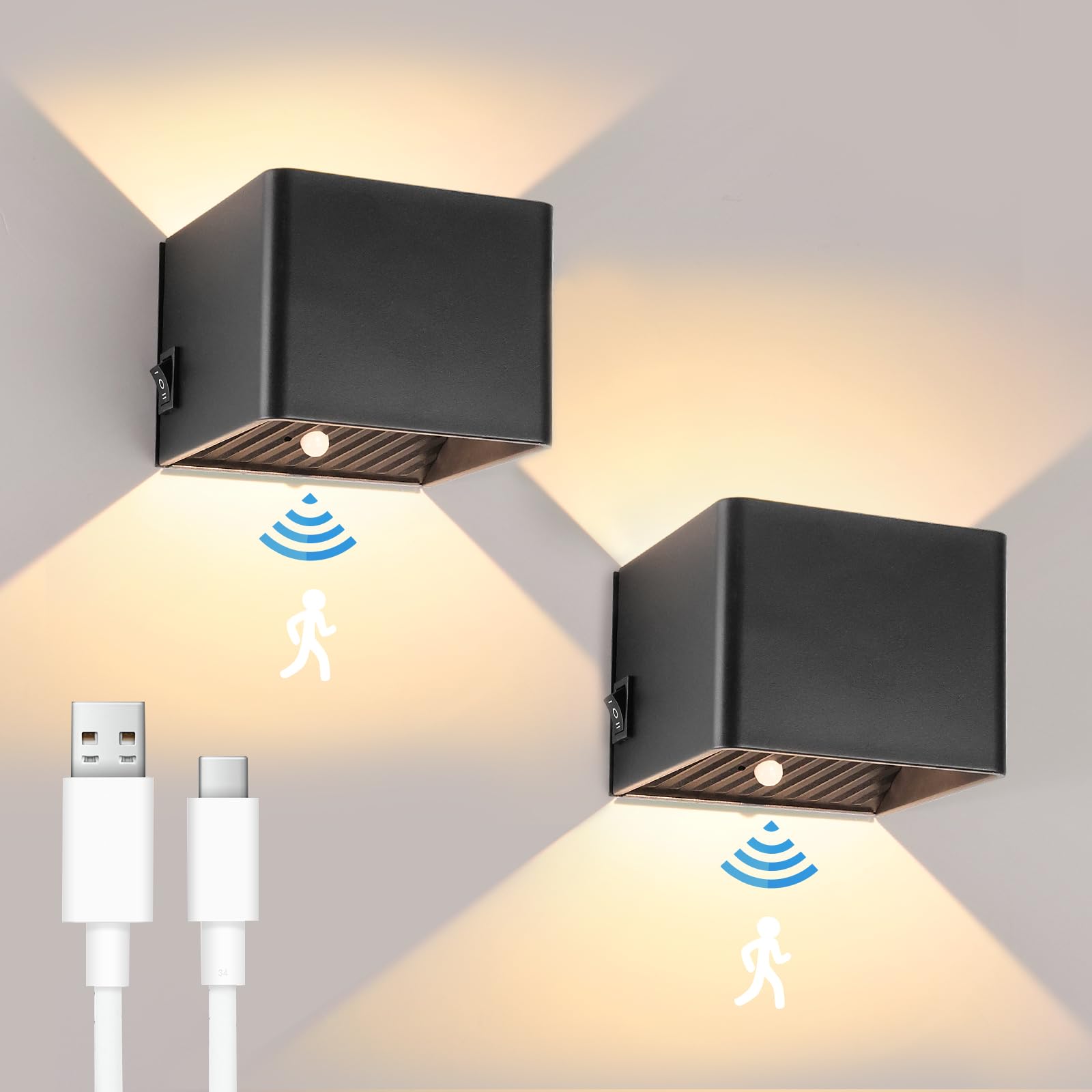 GeyouLux 2er Set Akku-Wandleuchte mit Bewegungsmelder – 3000mAh, USB-C, 3 Modi