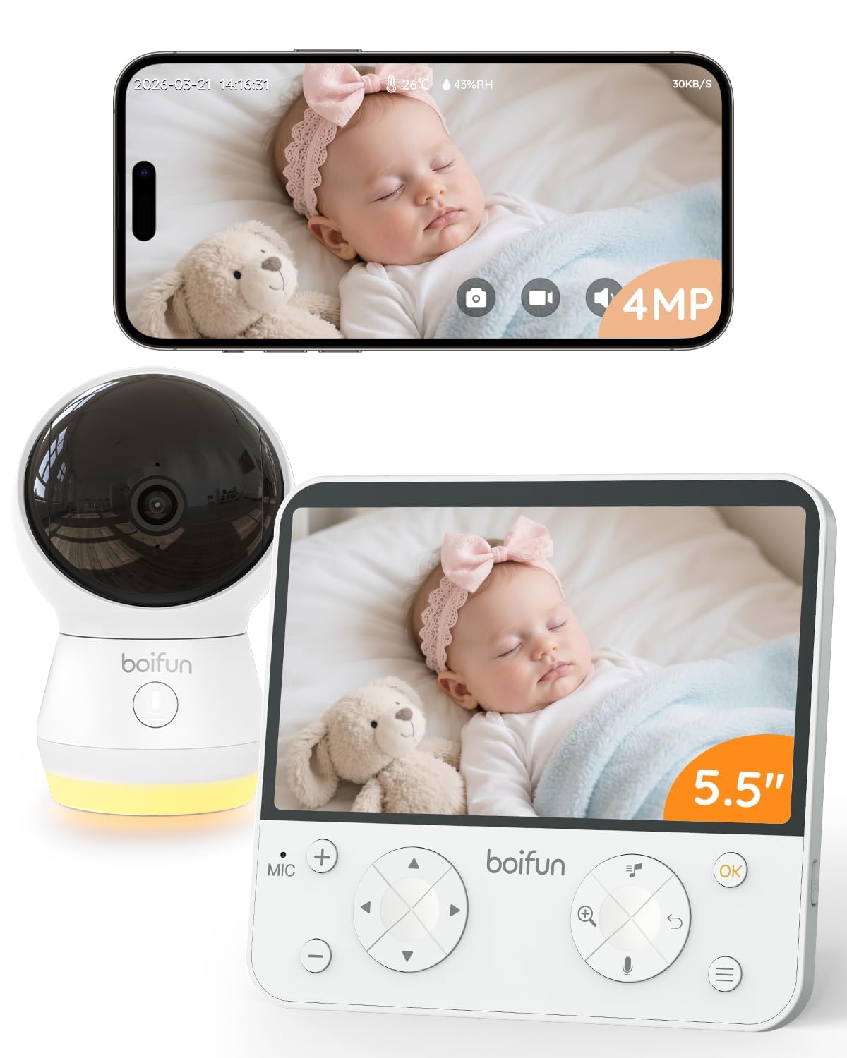 BOIFUN 2.5K WLAN-Babyphone mit 5,5-Zoll-Monitor – KI-Erkennung & 360° Kamera für sicheren Babyschlaf
