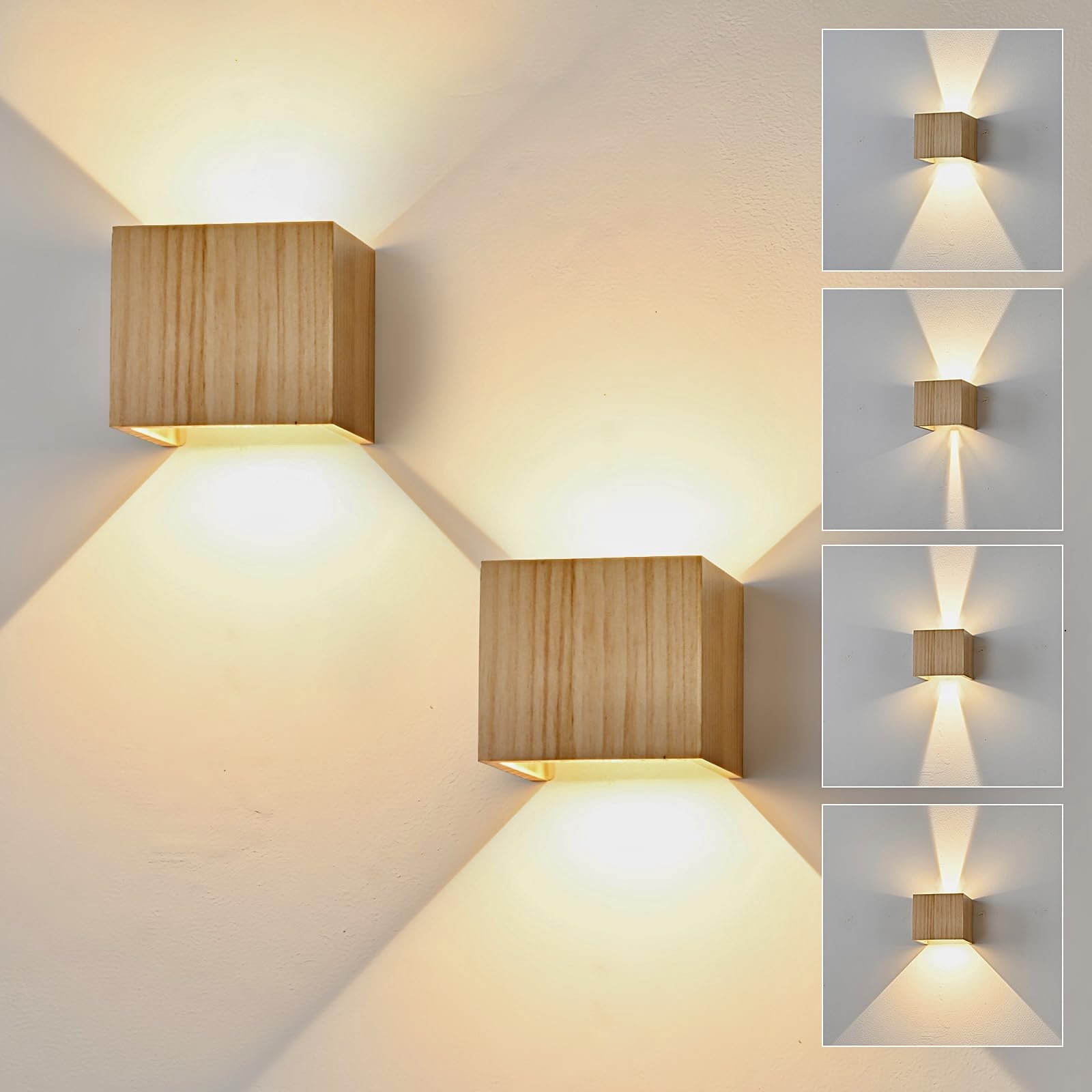 Doughelec LED Wandleuchte Holz 6W Warmweiß 3000K – Vintage Flurlampe mit einstellbarem Abstrahlwinkel, 2er-Set