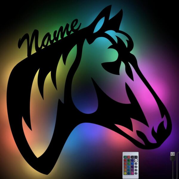 Namofactur Pferde-Wandlicht personalisiert mit Wunschname – LED Farbwechsel Holzlampe für Kinderzimmer