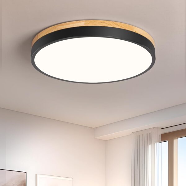 Vikaey LED-Deckenleuchte Schwarz Ø30 cm, 24W, 4000K – Moderne Holz-Metall-Lampe