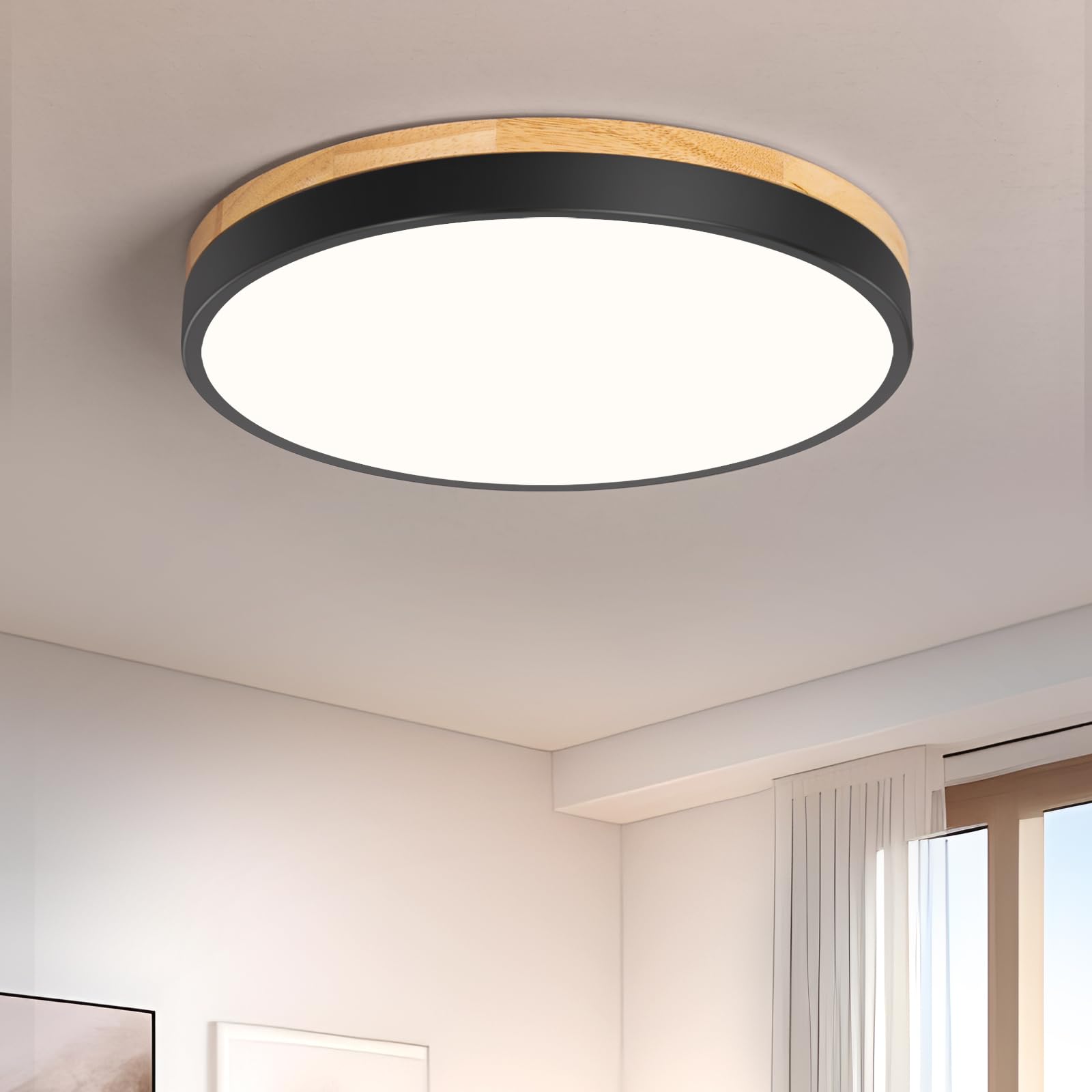 Vikaey LED-Deckenleuchte Schwarz Ø30 cm, 24W, 4000K – Moderne Holz-Metall-Lampe