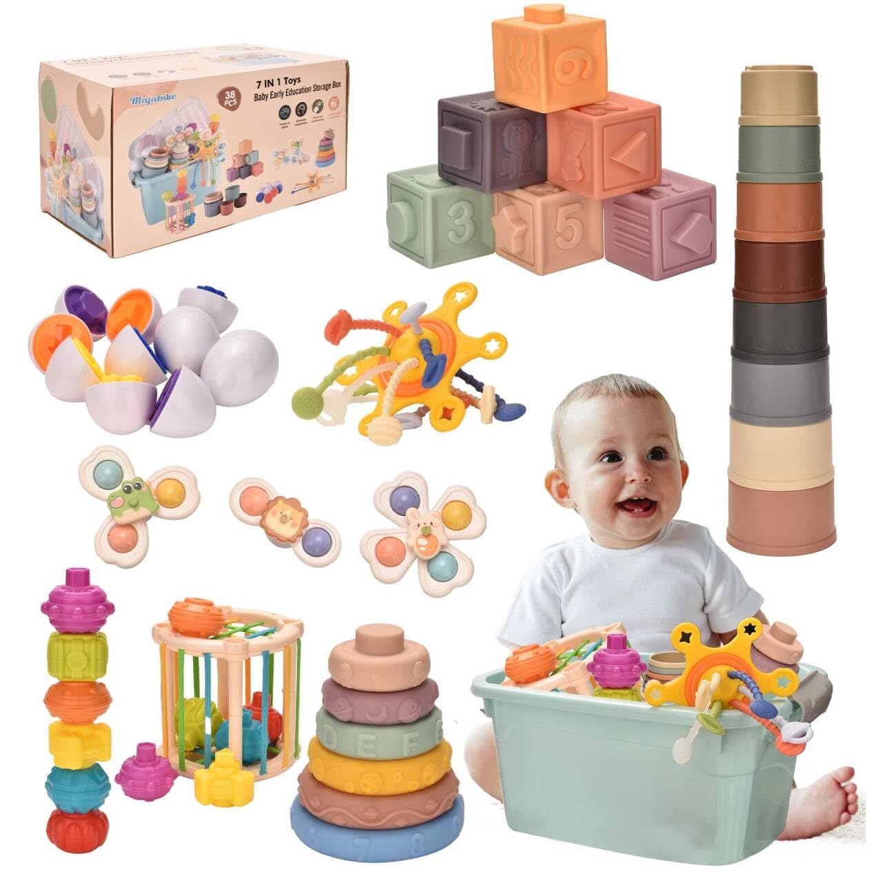 Majabike Montessoriii 7-in-1 Babyspielzeug-Set – 38-tlg. Motorikspielzeug ab 6 Monaten
