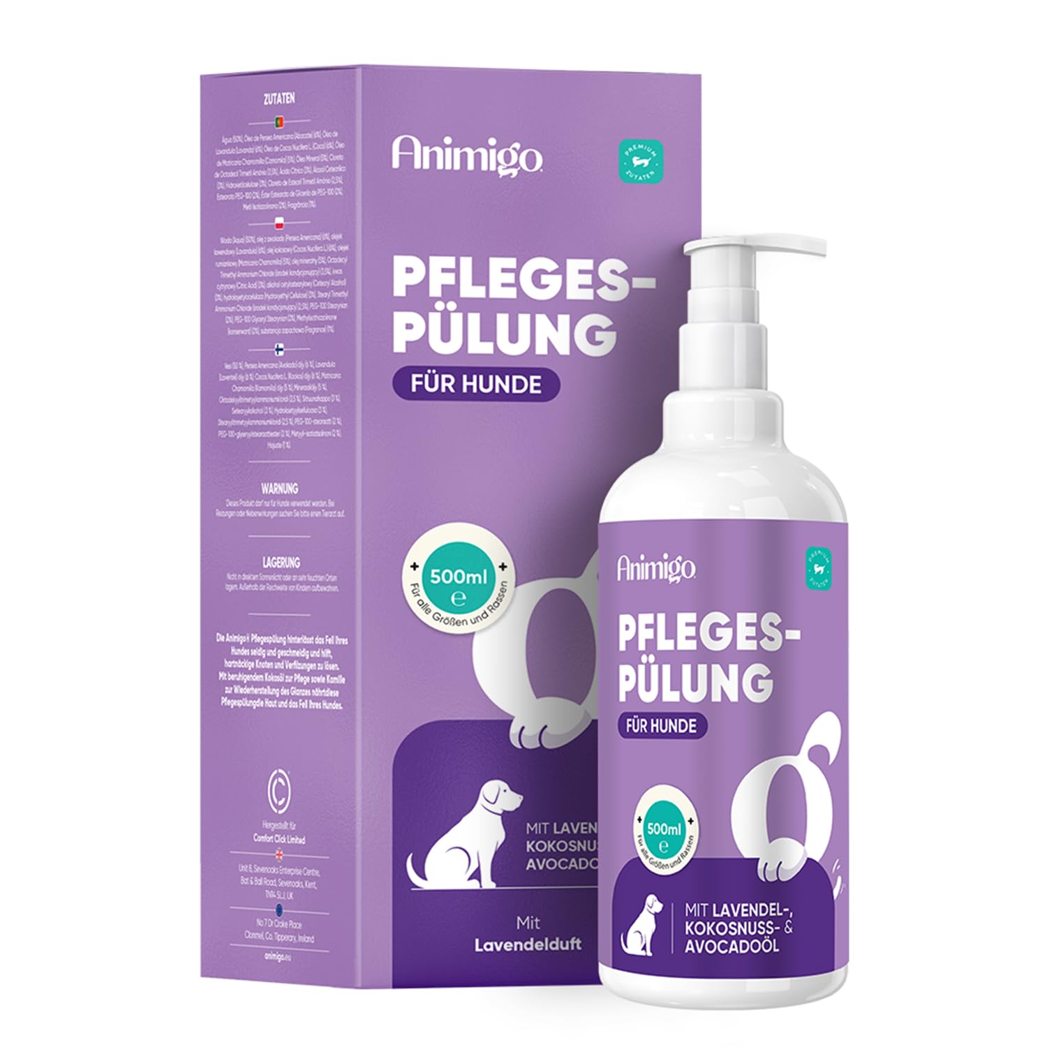 Animigo Pflege-Conditioner für Hunde 500 ml – Nährender Fellbalsam mit Lavendel-, Kokos- & Avocadoöl