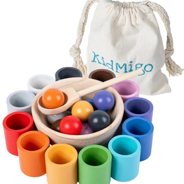 KidMigo Montessori Holzspielzeug ab 1 Jahr – Motorik & Farblernspiel mit 12 Bällen