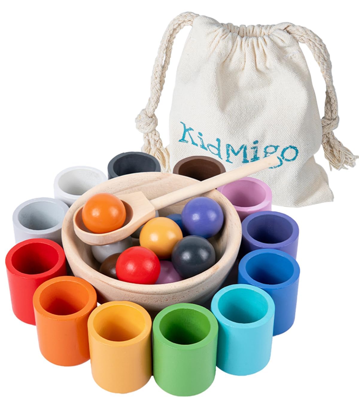 KidMigo Montessori Holzspielzeug ab 1 Jahr – Motorik & Farblernspiel mit 12 Bällen