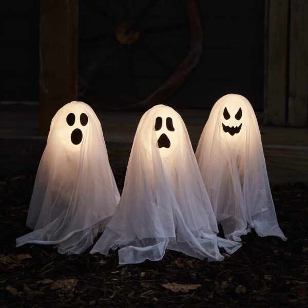 Lights4fun 3er-Set Halloween Geister Stableuchten – LED Outdoor Deko mit Timer für Garten