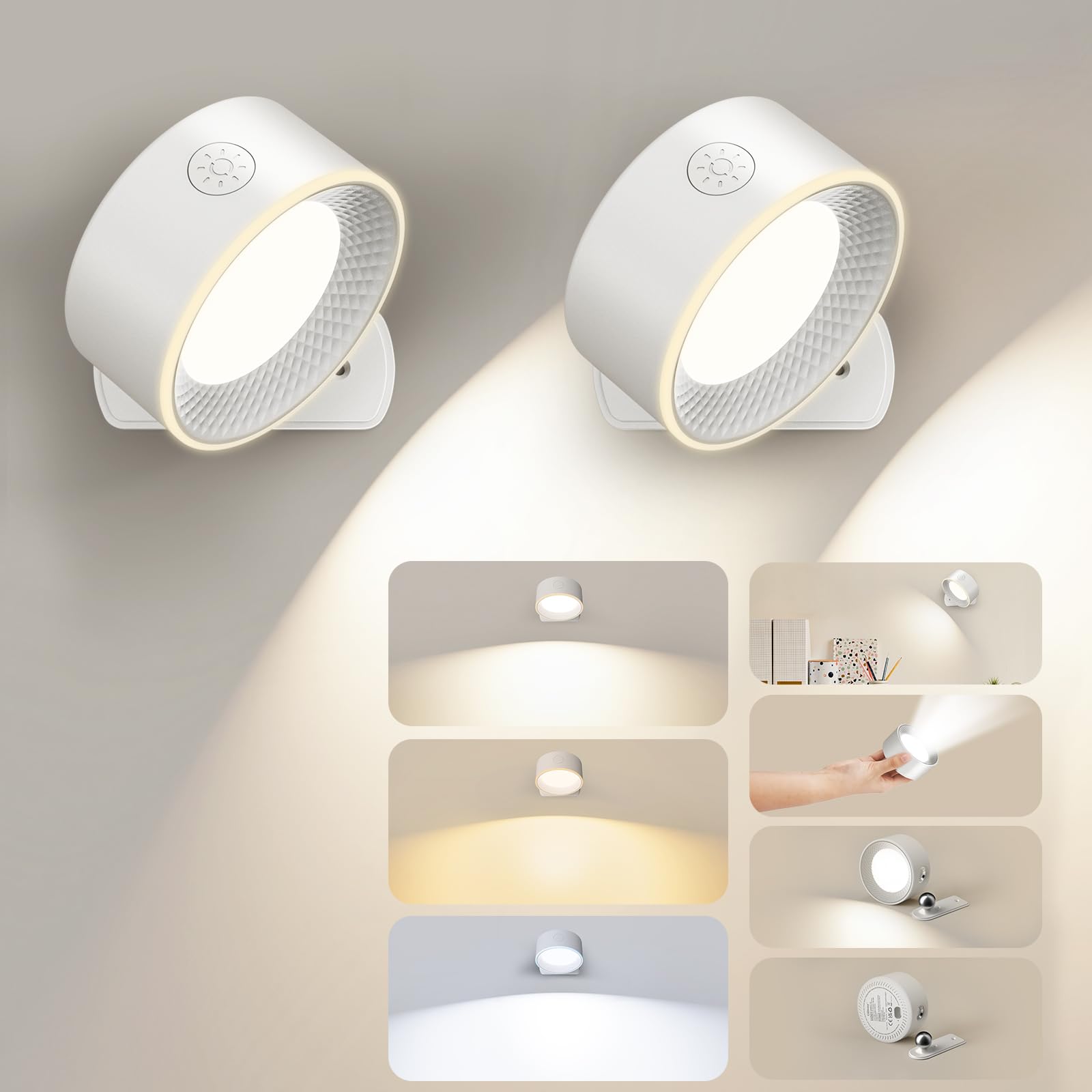 Giliwosy LED Wandleuchte Akku 2er Set – 360° Drehbar, 3 Farbtemperaturen, Dimmbar