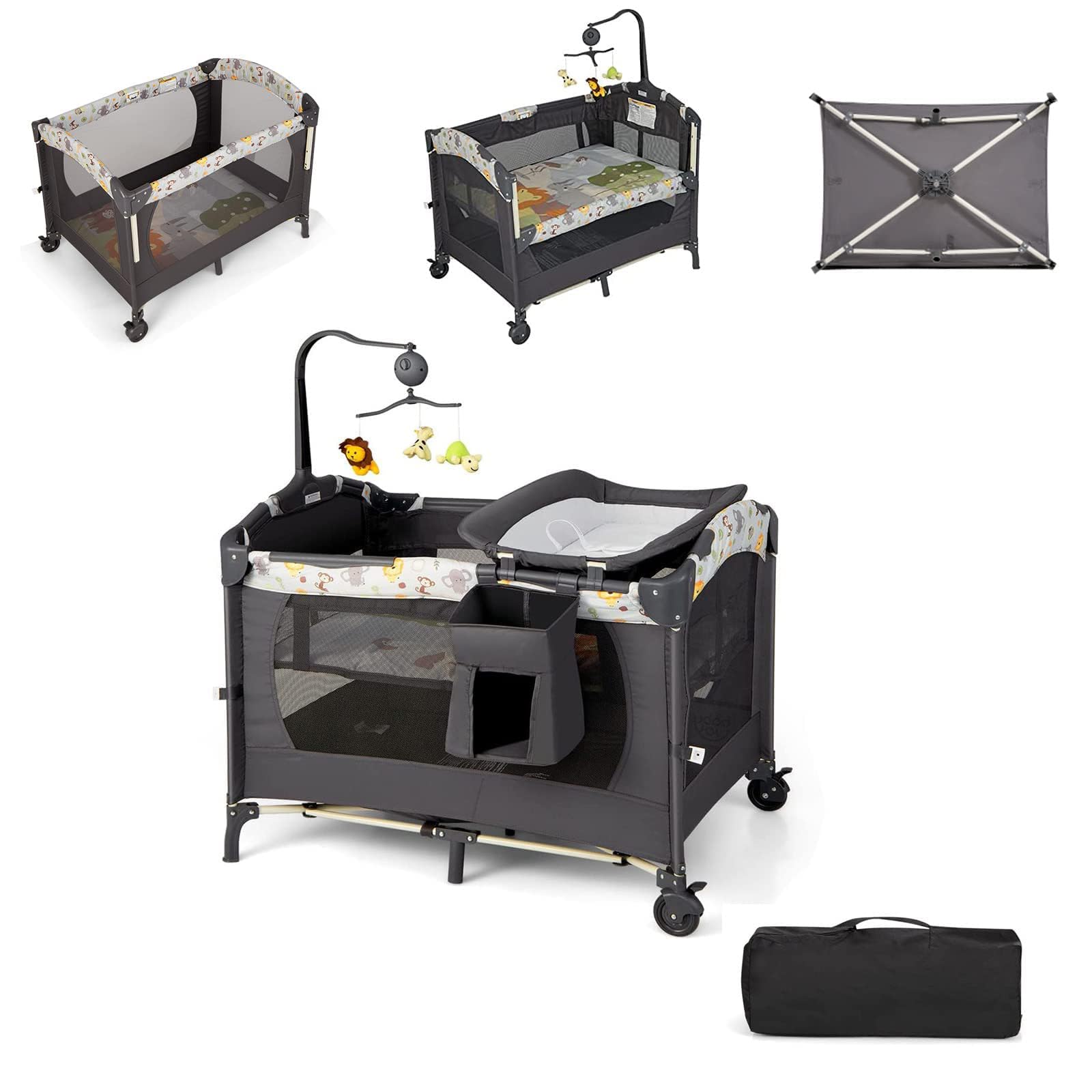 COSTWAY 4-in-1 Reisebett klappbar – Beistellbett, Wickeltisch & Laufstall für 0–36 Monate