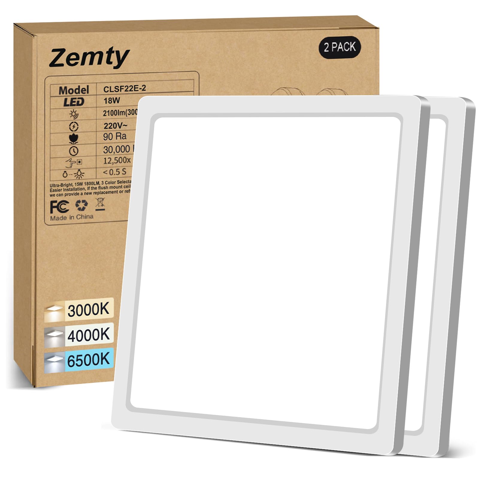 zemty 2er-Pack LED-Deckenleuchte 22cm – 2100lm, 3 Farbtemperaturen, Wasserfest für Küche & Bad