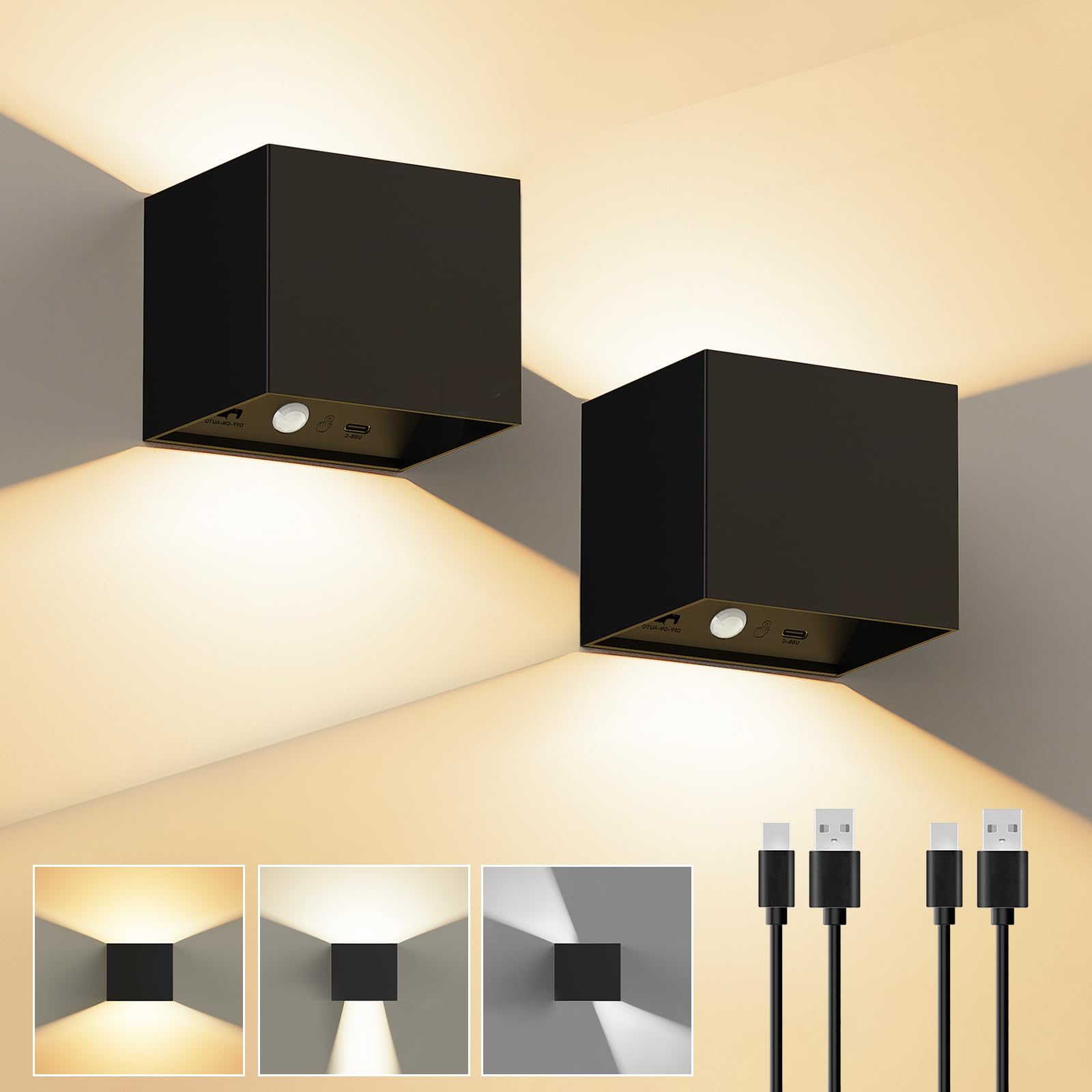 2er Set SENFAY Akku-Wandleuchte mit Bewegungsmelder – Kabellose LED-Wandlampe mit Touch-Dimmfunktion