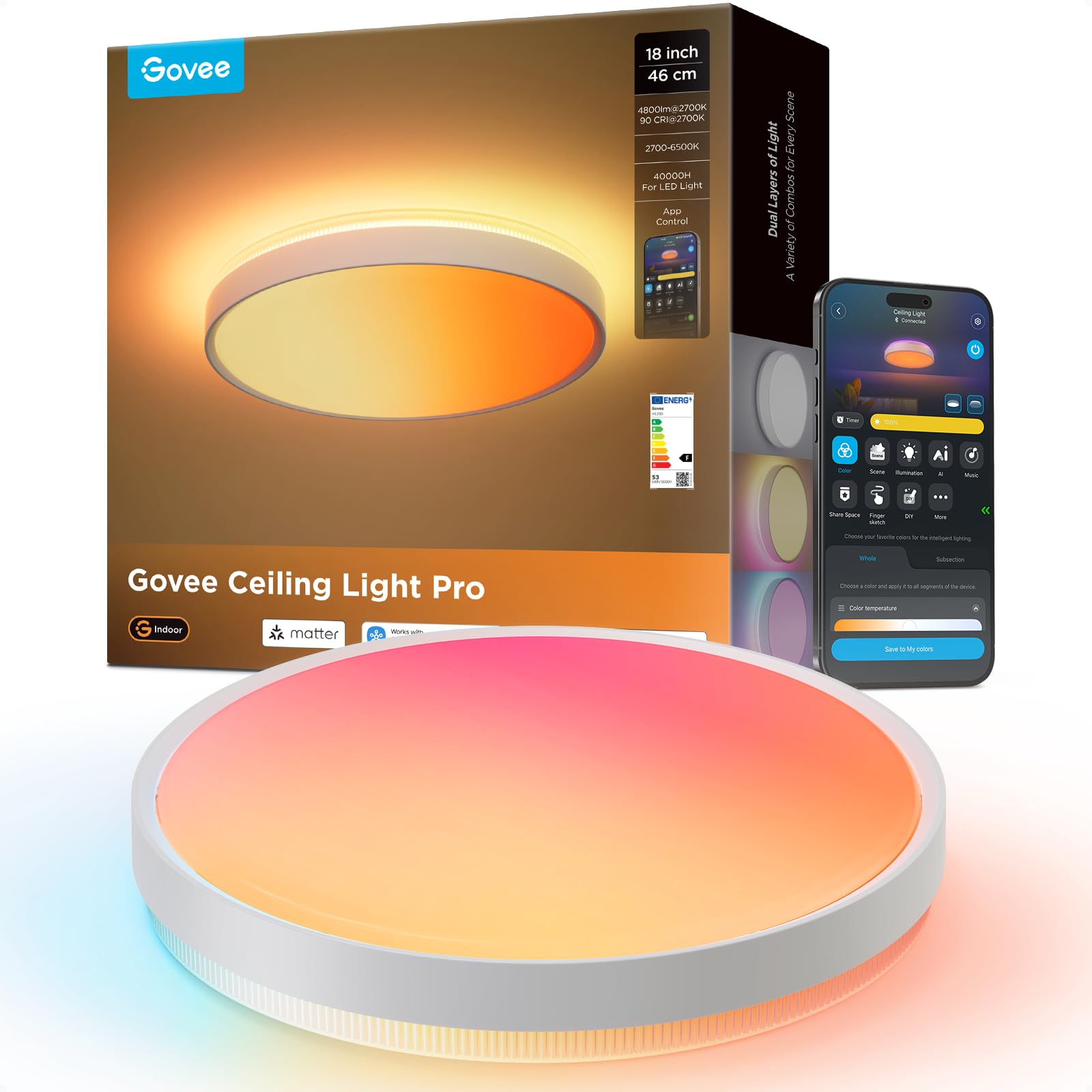 Govee RGBICWW Deckenlampe Pro 55W – 4800lm LED Deckenleuchte mit KI-Steuerung für 20–30m²