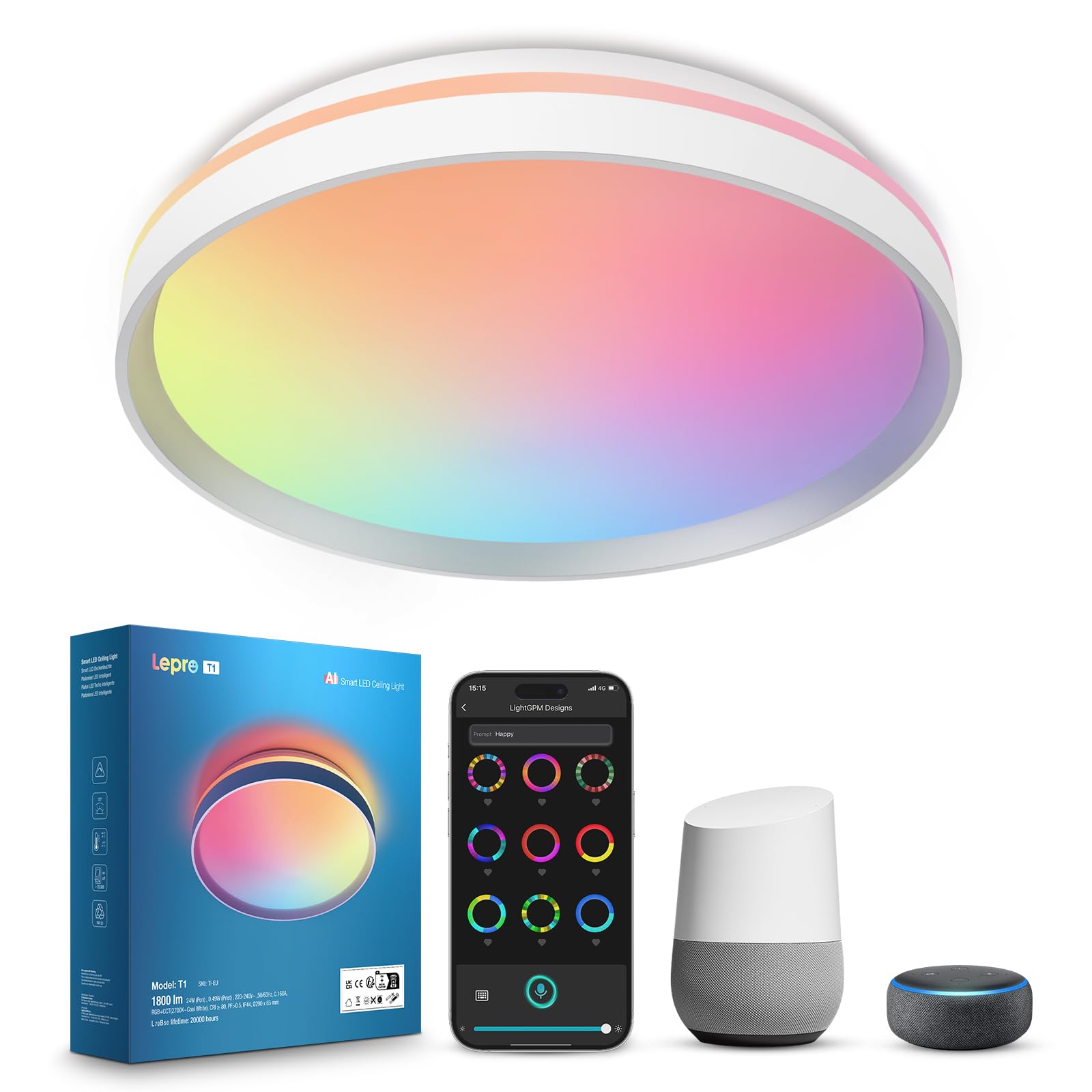 Lepro AI Smart Deckenlampe T1 – 24W RGBCCT mit KI-Lichtdesigner & Musiksync
