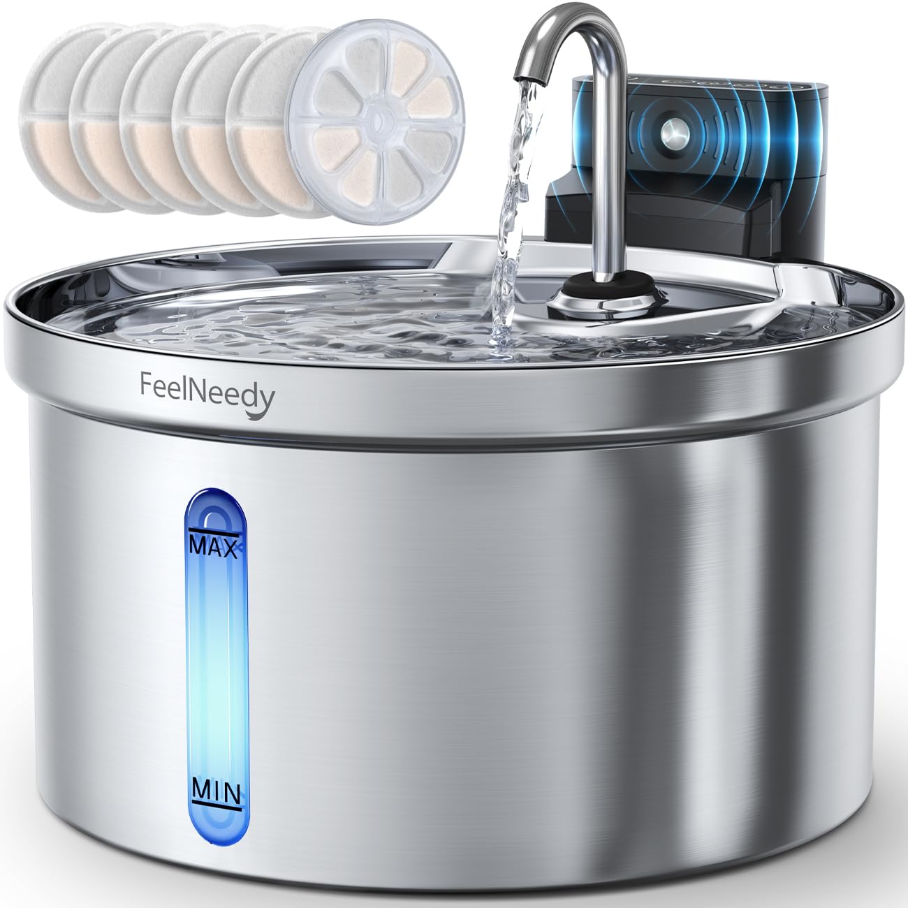 FEELNEEDY Kabelloser Katzenbrunnen 3,5L Edelstahl mit Bewegungsmelder & 4000mAh Akku