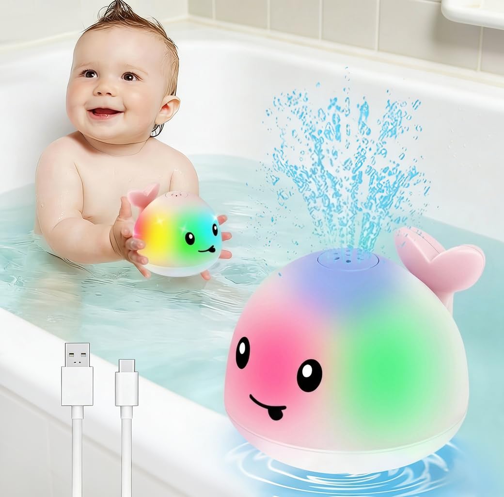 Gigilli Badewannenspielzeug Wal mit LED & Wasserspray – Aufladbares Wasserspielzeug ab 1 Jahr