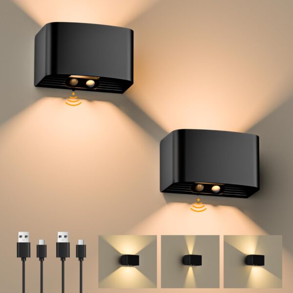 GuKKK 2er Set LED Wandleuchte mit Bewegungsmelder – Akku Wandlampe 3000K Warmweiß