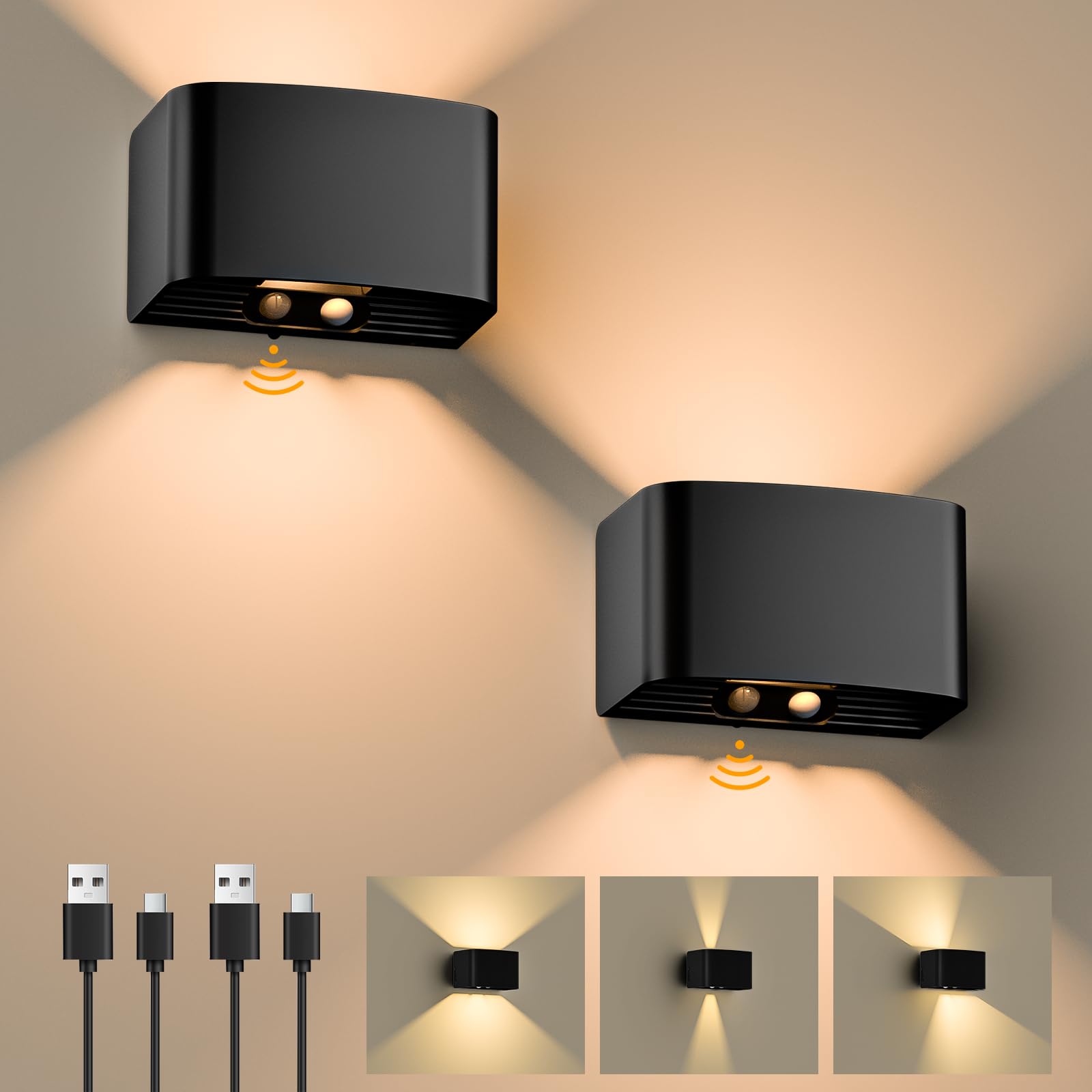 GuKKK 2er Set LED Wandleuchte mit Bewegungsmelder – Akku Wandlampe 3000K Warmweiß