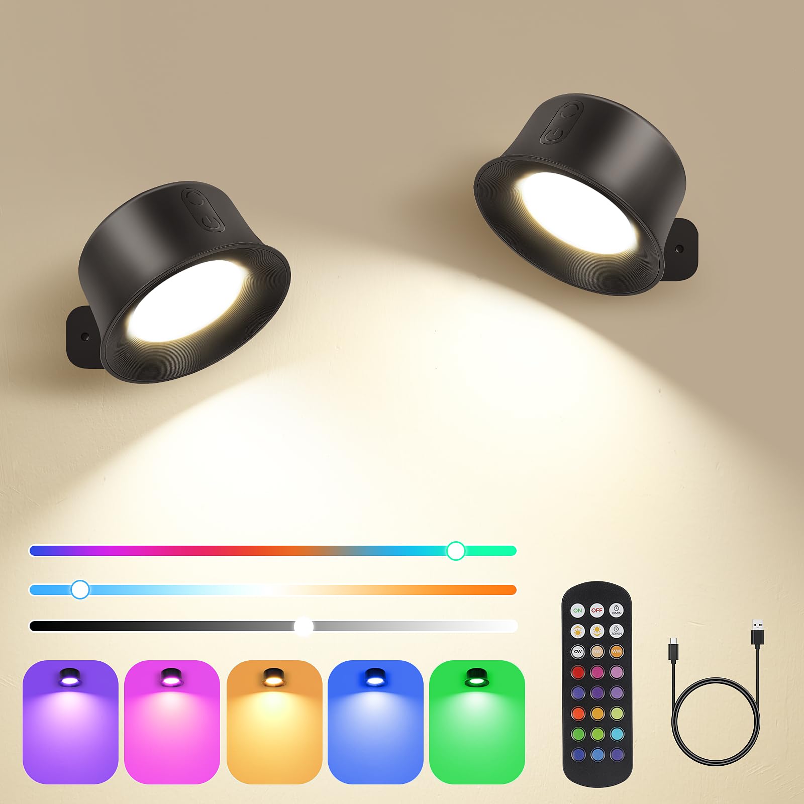 Euakee Wandleuchte 2er Set RGB mit Magnethalterung – Kabellose Akku-Wandlampe mit Fernbedienung