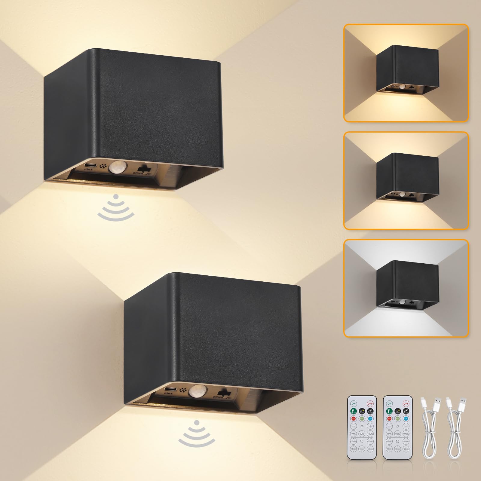 Dehobo Akku-Wandleuchte mit Bewegungsmelder & Fernbedienung – 5400mAh, 2er-Set Schwarz
