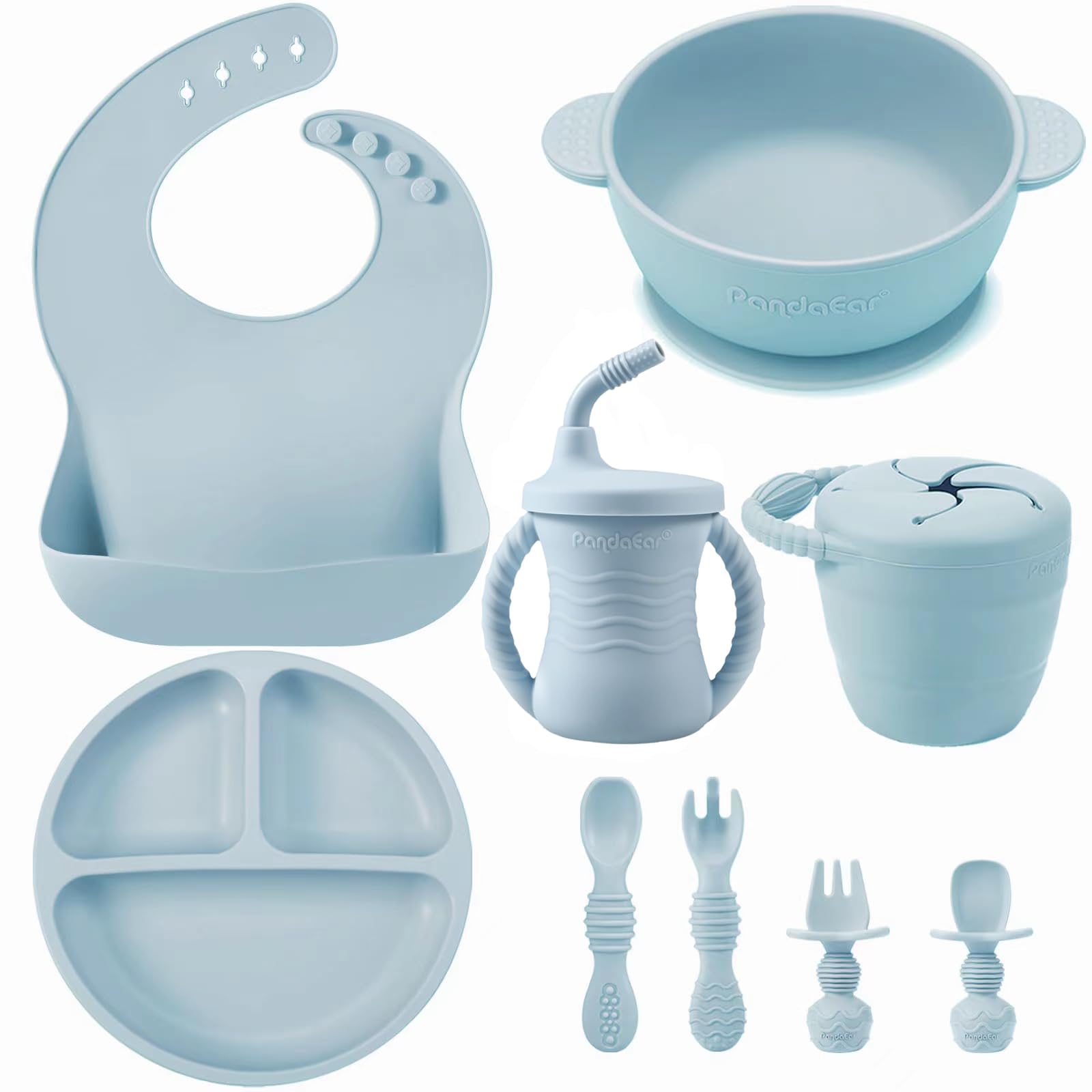 PandaEar 9-teiliges Silikon Geschirrset – Babysicheres Fütter-Set mit Saugnapf-Funktion (Blau)