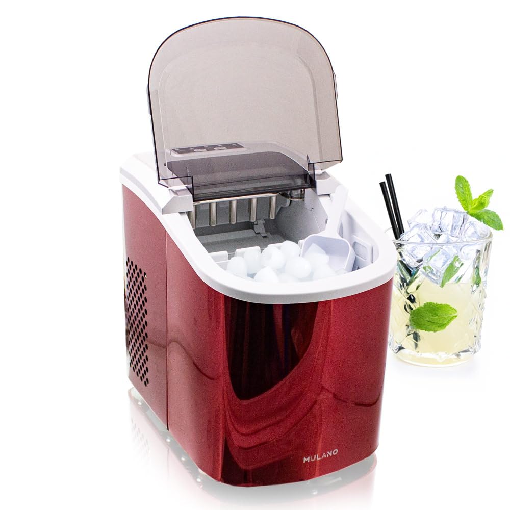Mulano Eiswürfelmaschine Edelstahl Rot – 10-12 kg Eis täglich für Zuhause & Events