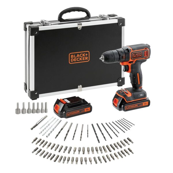 BLACK+DECKER 18V Akku-Bohrschrauber-Set – Komplettpaket mit 2 Akkus, Ladegerät & 80-teiligem Zubehör