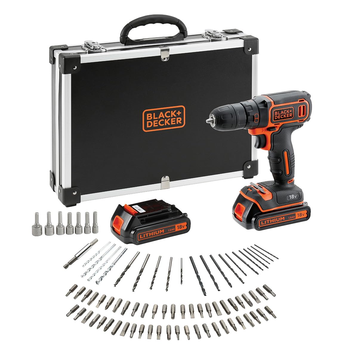 BLACK+DECKER 18V Akku-Bohrschrauber-Set – Komplettpaket mit 2 Akkus, Ladegerät & 80-teiligem Zubehör