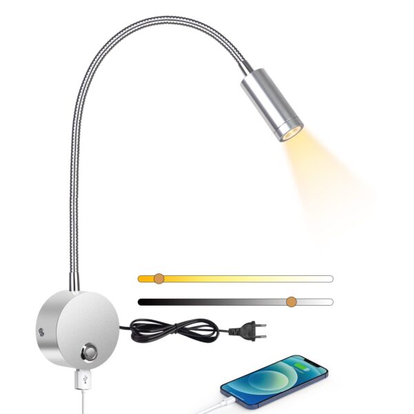 ERWEY LED Wandleuchte Bett mit USB-Ladeanschluss – Dimmbare Leselampe 360° schwenkbar