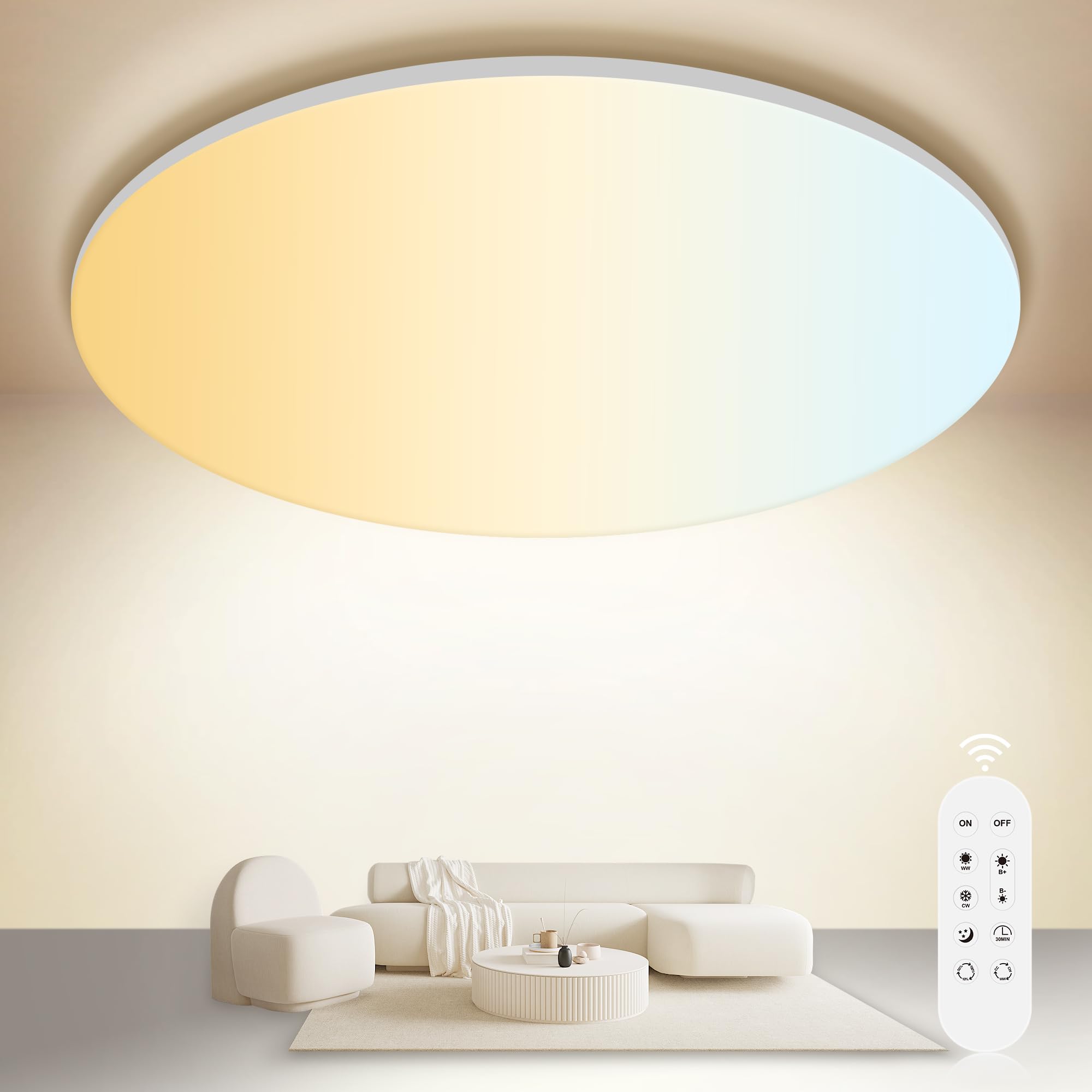 ONDTA LED Deckenleuchte 45W, 5300 lm, Dimmbar 2700K–6500K, IP54 Wasserdicht