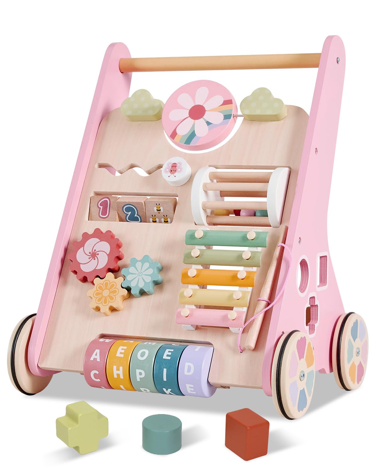 Takeeyce Montessori Lauflernwagen Holz – 8 Spielaktivitäten & Einstellbare Räder ab 10 Monate