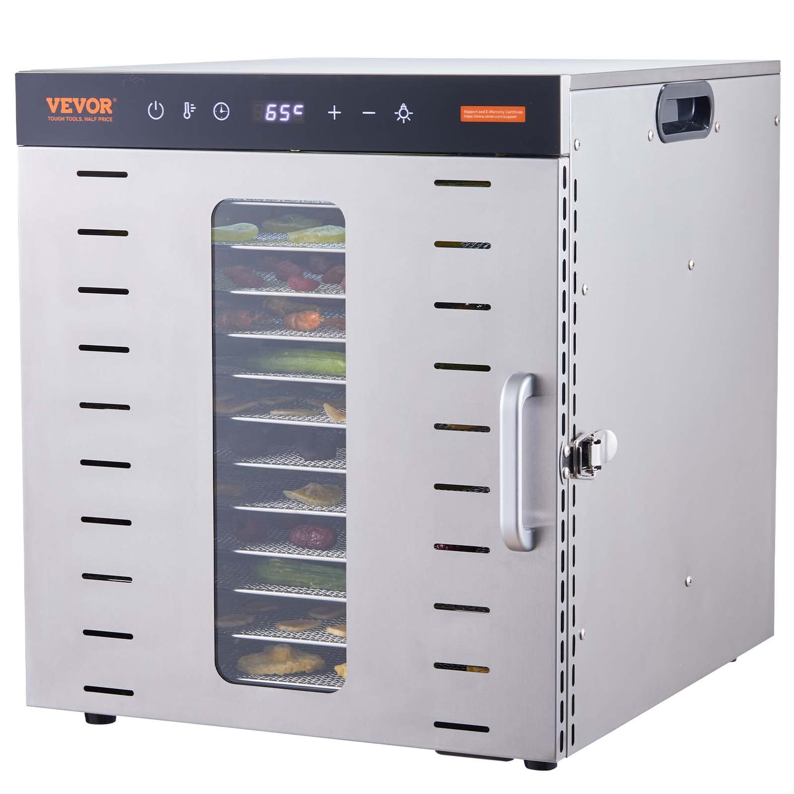 VEVOR Dörrautomat 1000 W mit 10 Edelstahl-Tabletts – 360° Heissluft für gleichmässiges Trocknen