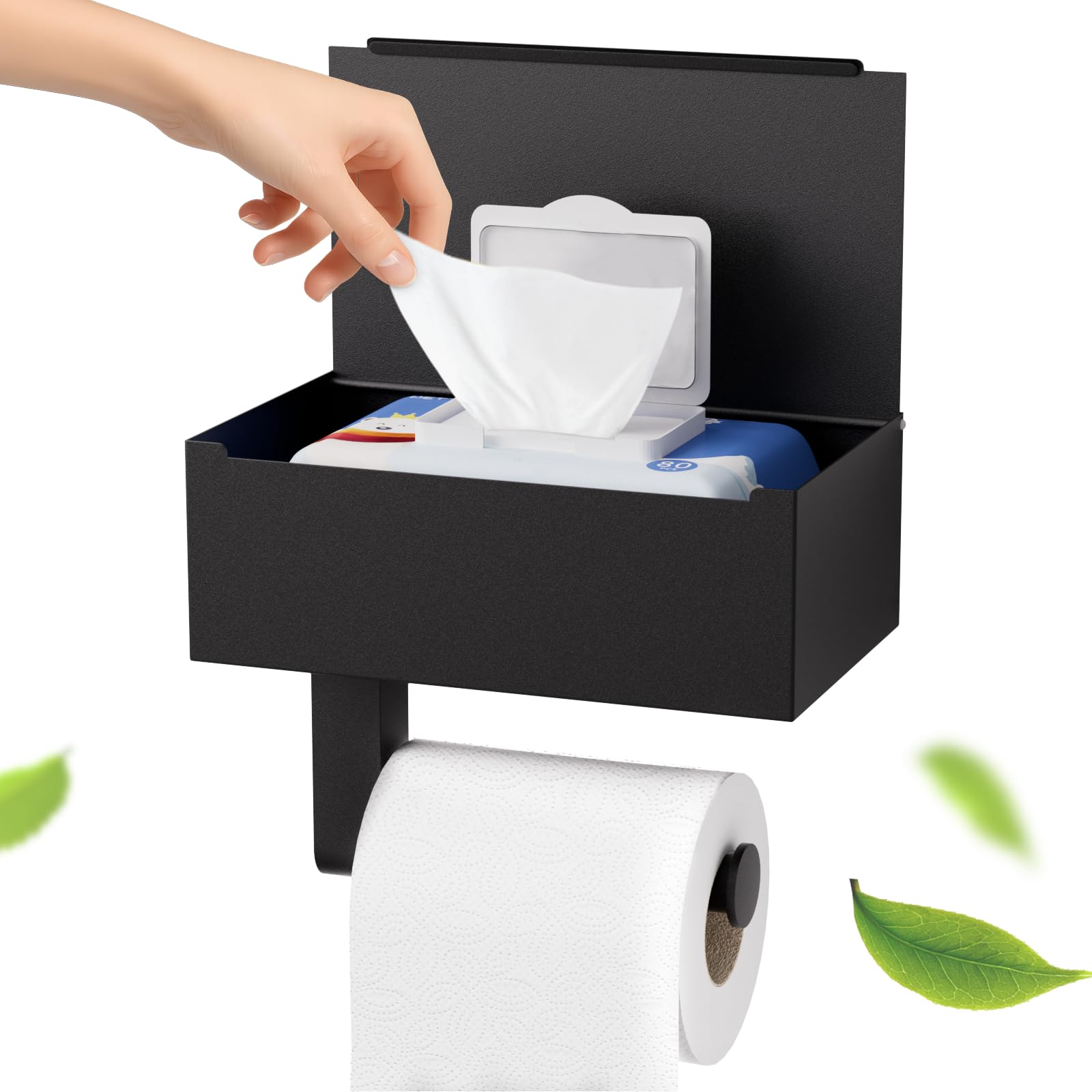 Heatigo Toilettenpapierhalter Schwarz – 2in1 Klorollenhalter mit Feuchttücherbox & Ablage