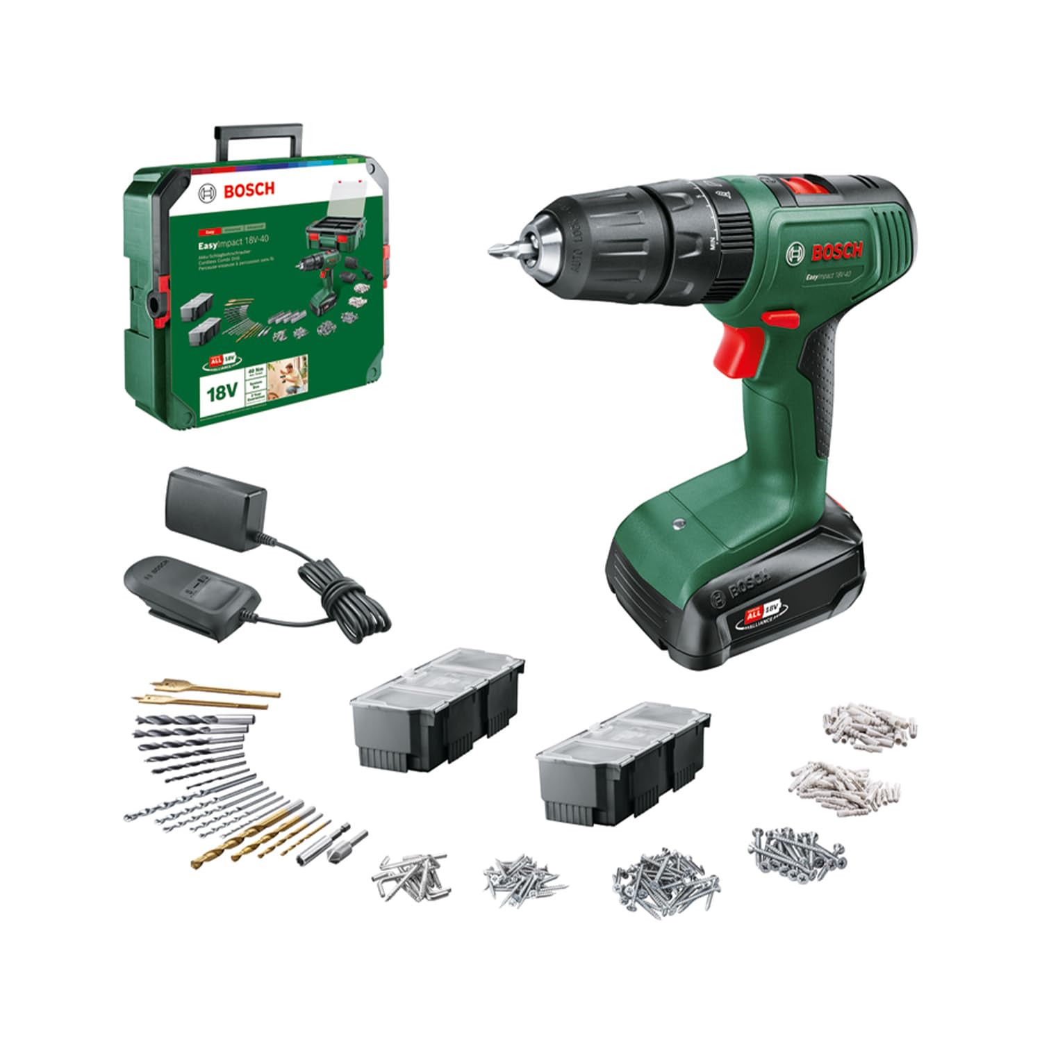 Bosch EasyImpact 18V-40 Akku Schlagbohrschrauber – 2-Gang System mit 241-teiligem Zubehör