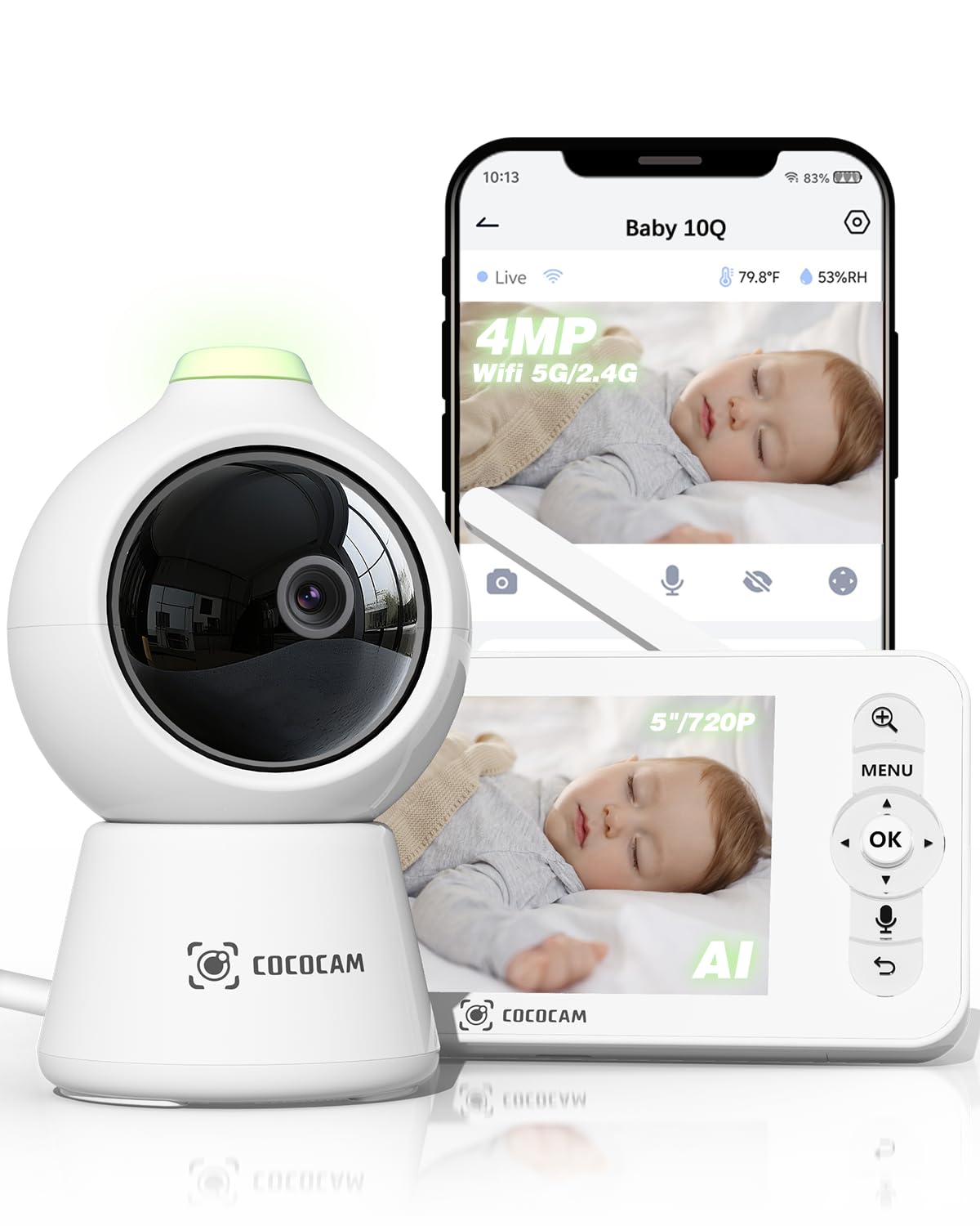 COCOCAM Baby 10Q 2K 4MP Babyphone mit 5 Zoll Display – KI-Sicherheit & Nachtsicht