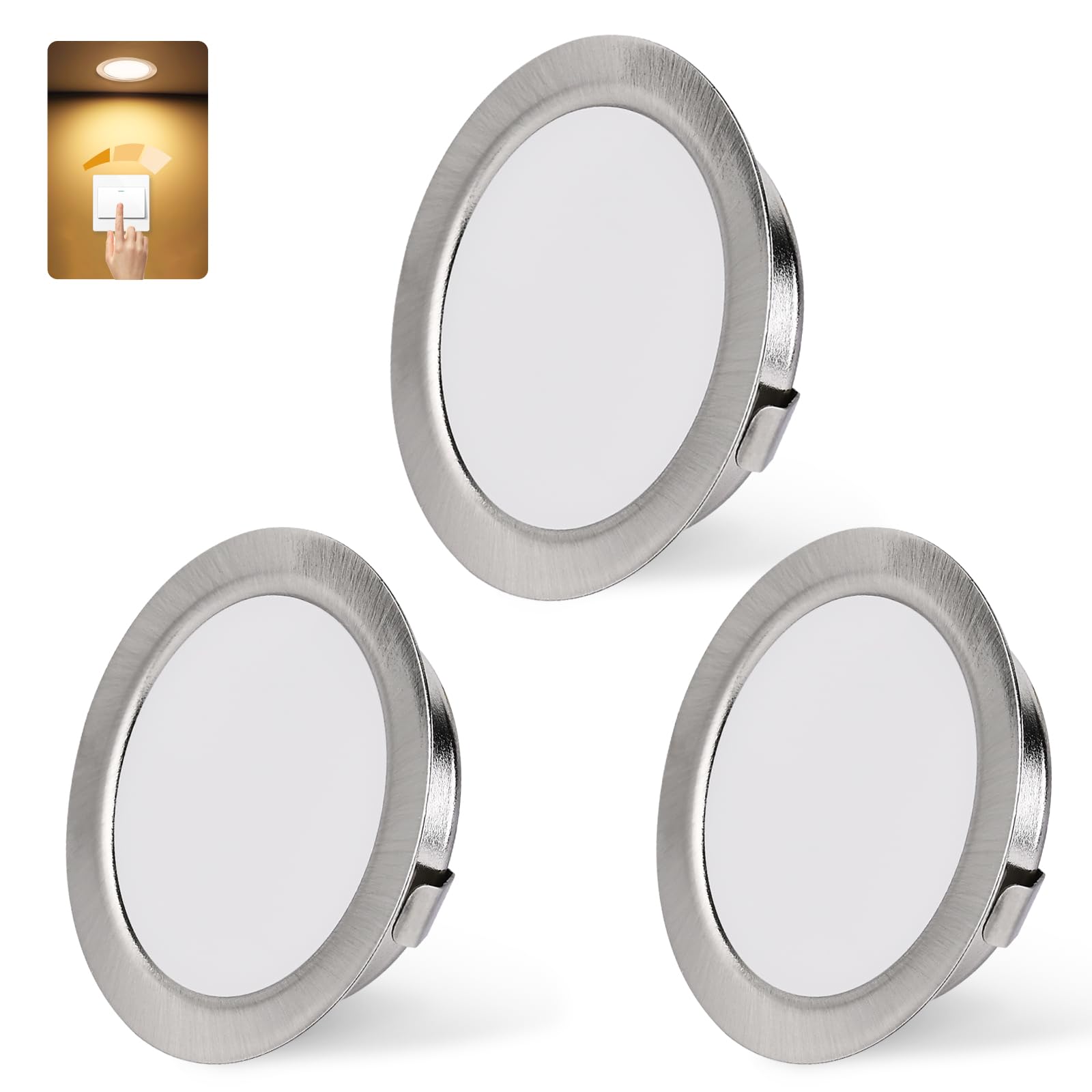 KYOTECH 3W LED Einbaustrahler 230V, dimmbar, IP44 – 3er Set Nickel, 3000K Warmweiss