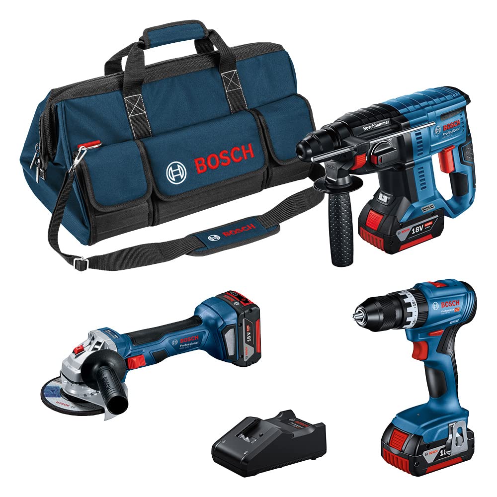 Bosch Professional 18V Combo Kit GSB 45 + GBH 21 + GWS 7 – 3er Akku-Starter-Set