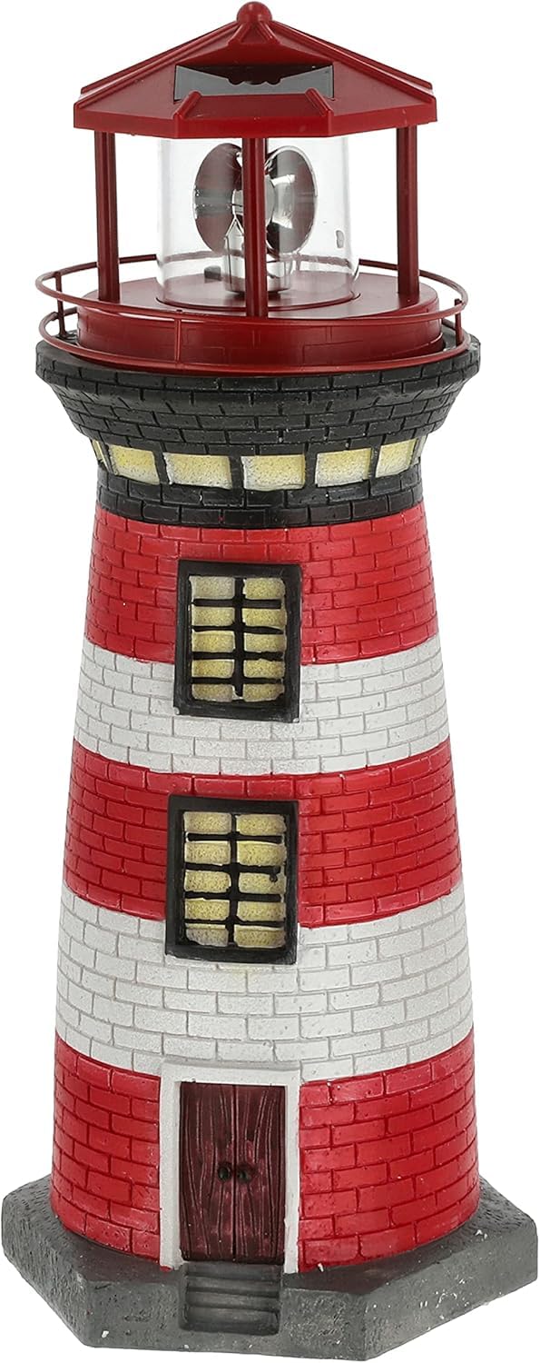 Cepewa LED Solar Leuchtturm H34.3cm Rot-Weiss – Drehbares Leuchtfeuer für Garten & Terrasse